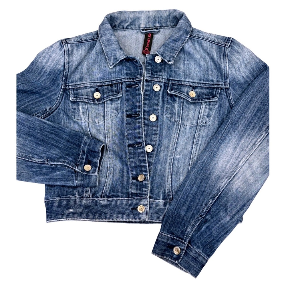 Almost Famous Denim Jacket Womens XL Blue Cropped Stretch Button Up